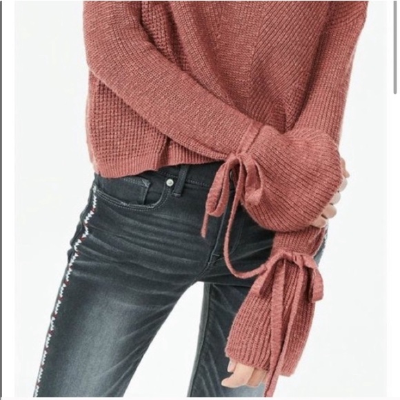 Express Tie Sleeve Split Back Cropped Sweater Pink Brown V Neck Oversized Knit - Picture 2 of 13